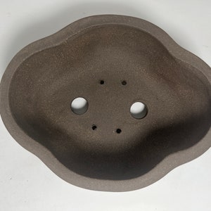 May include: A dark brown, irregularly shaped ceramic bonsai pot. The pot has a textured surface and three drainage holes. The rim is slightly raised, and the overall design is organic and natural.