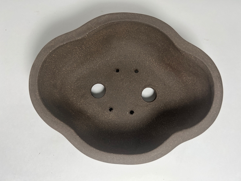 May include: A dark brown, irregularly shaped ceramic bonsai pot. The pot has a textured surface and three drainage holes. The rim is slightly raised, and the overall design is organic and natural.