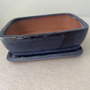 May include: A rectangular ceramic bonsai pot with a deep blue glazed exterior and a natural terracotta interior. The pot features rounded corners and sits on a matching rectangular blue glazed drip tray, creating a cohesive set for planting.