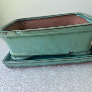 Green Glazed Ceramic Bonsai Pot with Tray, 7.5 inch