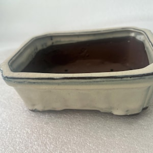 May include: A rectangular bonsai pot with a cream-colored exterior and a dark brown interior. The rim has a subtle blue-gray trim. The pot has a slightly textured surface and small drainage holes.
