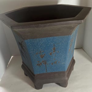 May include: A hexagonal ceramic planter with a dark brown rim and a blue base. The planter has a decorative design of stylized plants in a dark brown color.