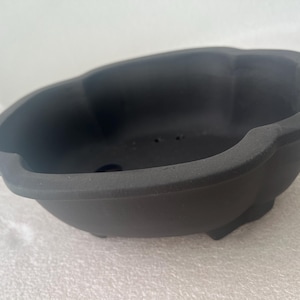 May include: A matte black, oval-shaped bonsai pot with a scalloped rim. The pot has a shallow depth and small feet. There are drainage holes visible in the base of the pot. The pot is designed for planting small trees.