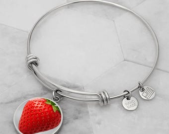 Strawberry Charm Bangle: 18k Gold Finish, Surgical Steel