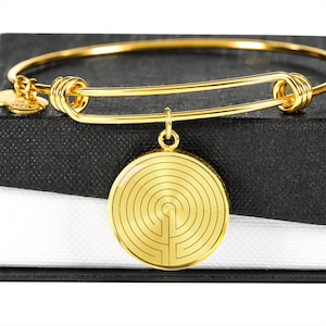 Labyrinth Bangle Bracelet: Gold Surgical Steel Maze Pendant