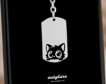 Engraved Cat Keychain Tag, Personalized Stainless Steel