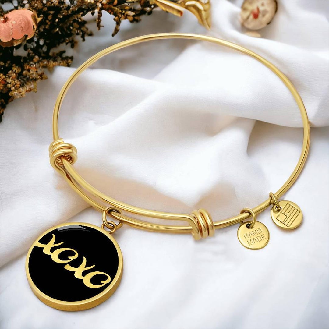 XOXO Bangle Bracelet: 18k Gold Surgical Steel, Adjustable Charm
