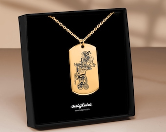 Kukulkan Pendant Necklace: Engraved Stainless Steel, Gold Plated
