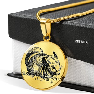 May include: Gold necklace with a round pendant featuring a black and white line drawing of a chinchilla. The pendant is on a gold chain.