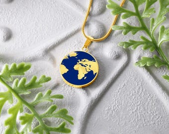 Gold Tone Earth Pendant Necklace, Surgical Steel, 18-22 Inch Adjustable Chain