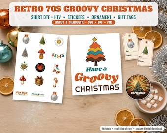 Paquete de archivos SVG navideños retro, PNG de camisetas navideñas con estilo, transferencia DTF, pegatinas para imprimir y cortar, PNG de adornos de los años 70, etiquetas de regalo, Cricut DXF