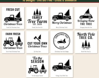 May include: A digital collection of 10 black and white graphic designs featuring Christmas trucks, tractors, and pine trees. Text includes Christmas Truck & Tree Farm, Fresh Cut, Family Tree Farm, Merry Christmas, Bringing Home The Tree, Farm Fresh, Cut Your Own, North Pole Tree Co., and 'Tis the Season.