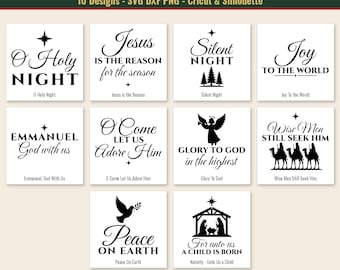 May include: A digital collection of 10 black and white Christmas-themed graphic designs featuring religious text and icons. Phrases include O Holy Night, Jesus Is The Reason, Silent Night, Joy To The World, Emmanuel, O Come Let Us Adore Him, Glory To God, Wise Men Still Seek Him, Peace On Earth, and For Unto Us A Child Is Born.
