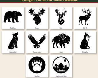 May include: A digital collection titled Woodland Animal Silhouettes featuring 10 black graphic designs including a bear, moose, buck, elk, wolf, eagle, bison, fox, bear paw, and mountain scene, compatible with SVG, DXF, and PNG file formats.