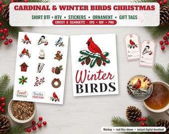Paquete de archivos SVG de Cardenal Navideño, Camiseta de Pájaros Invernales PNG, Transferencia DTF, Pegatinas para Imprimir y Cortar, Adorno Conmemorativo PNG, Etiquetas de Regalo, Cricut DXF