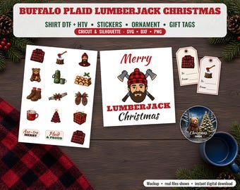 Lumberjack Christmas SVG Bundle, Buffalo Plaid Shirt PNG, Dtf Transfer, Print Then Cut Stickers, Bear Ornament Png, Gift Tags, Cricut DXF