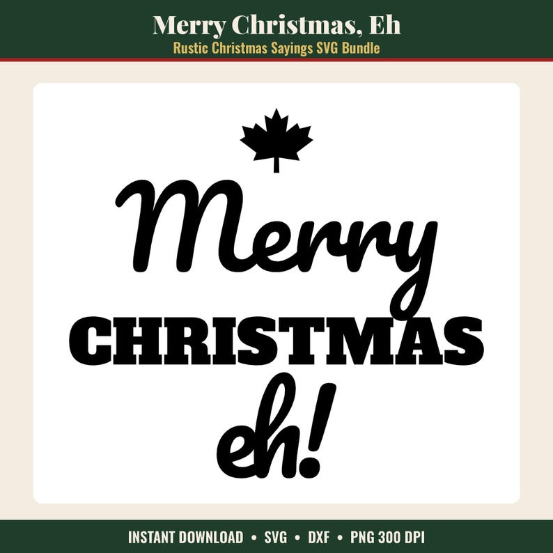 K&ouml;nnte beinhalten: Ein schwarzes Grafikdesign auf wei&szlig;em Hintergrund mit einem Ahornblatt-Symbol &uuml;ber dem Text Merry CHRISTMAS eh! Der Text verwendet eine Kombination aus einer kursiven Schriftart f&uuml;r Merry und eh! und einer fetten Blockschrift f&uuml;r CHRISTMAS.