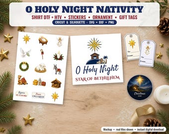 Paquete de archivos SVG navideños de la Natividad, PNG para camisetas de Noche Santa, transferencia DTF, pegatinas para imprimir y cortar, PNG para adornos de estrellas, etiquetas de regalo, Cricut DXF