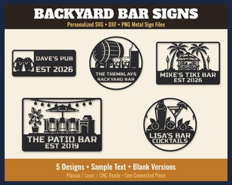 Backyard Bar Sign SVG DXF PNG, 5 Personalized Pub, Beer Mugs, Whiskey Barrel, Tiki Bar Metal Signs, Plasma Laser Cricut Silhouette Cut Files