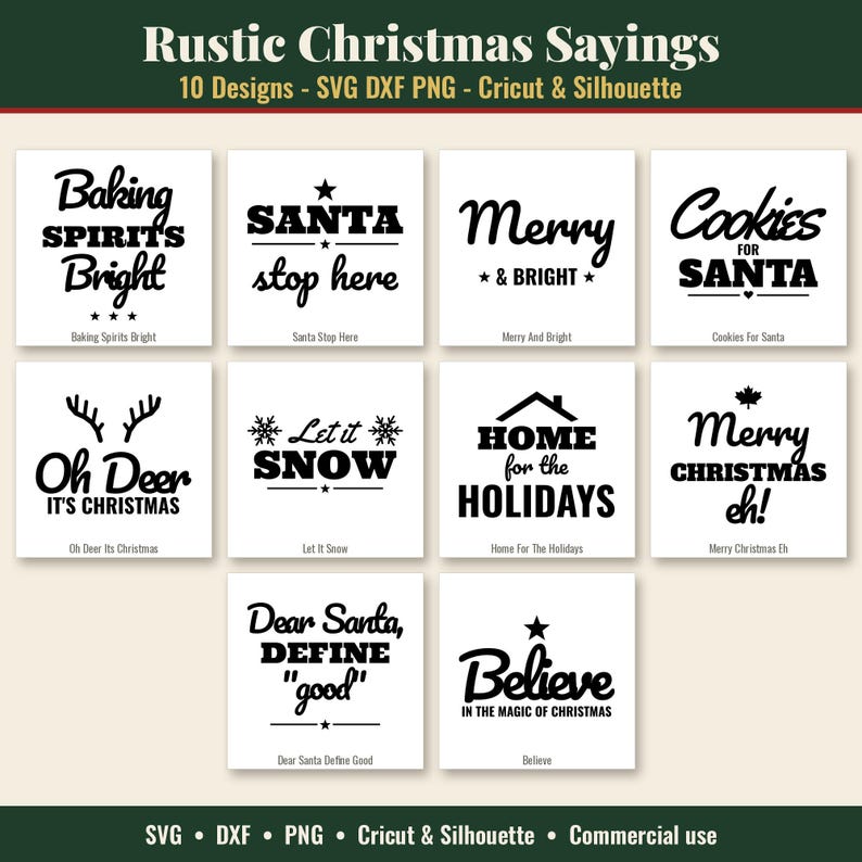 K&ouml;nnte beinhalten: Eine digitale Sammlung von 10 schwarz-wei&szlig;en weihnachtlichen Grafikdesigns mit Schriftz&uuml;gen wie Baking Spirits Bright, Santa stop here, Merry & Bright, Cookies for Santa, Oh Deer, Let it Snow, Home for the Holidays, Merry Christmas eh, Dear Santa Define good und Believe.