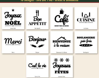 May include: A digital collection of ten black and white graphic designs featuring French phrases including Joyeux Noël, Bon Appétit, Café, La Cuisine, Merci, Bonjour, Bienvenue à la maison, Boulangerie, C'est la vie, and Joyeuses Fêtes.