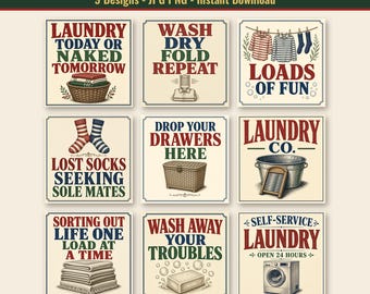 May include: A collection of nine square laundry room signs featuring red, blue, and green text and illustrations. Designs include laundry baskets, clothing on a line, socks, a washboard, a metal tub, folded towels, soap, and a washing machine.
