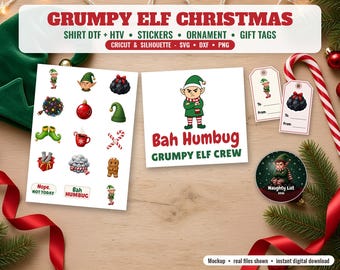 Paquete de archivos SVG navideños de Elfo Gruñón, Camiseta Bah Humbug PNG, Transferencia DTF, Pegatinas para imprimir y cortar, Adorno de Elfo PNG, Etiquetas de regalo, Cricut DXF