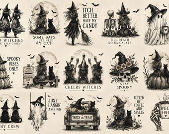 Könnte beinhalten: Eine Sammlung von fünfzehn schwarz-weißen Illustrationen mit Hexen, Geistern, Skeletten, Katzen, Kürbissen und Lastwagen, die verschiedene Phrasen wie Good Witches Support Each Other, Itch Better Have My Candy und Witch Fuel enthalten.