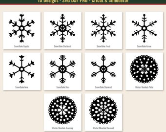May include: A digital collection titled Snowflakes & Winter Mandalas featuring 10 black graphic designs including various snowflake shapes and circular mandalas with labels like Snowflake Crystal, Starburst, Frost, Arrow, Fern, Hex, Diamond, and Winter Mandala Petal, Teardrop, and Diamond.