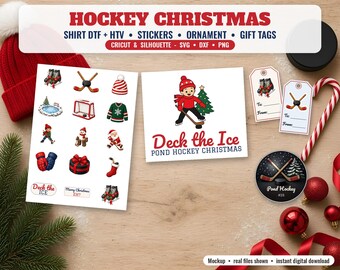 Paquete de archivos SVG navideños de hockey, camiseta de hockey sobre hielo en formato PNG, transferencia DTF, pegatinas para imprimir y cortar, adorno de disco de hockey en formato PNG, etiquetas de regalo, Cricut DXF