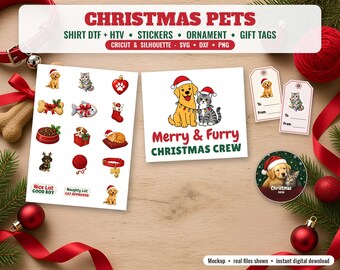 Paquete de archivos SVG de perros y gatos navideños, camiseta navideña "Merry and Furry" en formato PNG, transferencia DTF, pegatinas para imprimir y cortar, adorno para mascotas en formato PNG, etiquetas de regalo, Cricut DXF