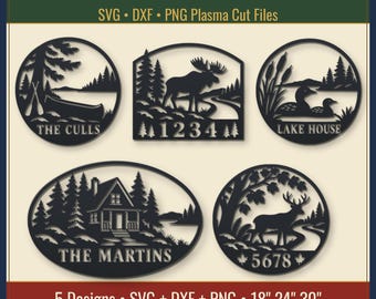 Cottage Collection Plasma Cut Files SVG DXF, 5 Canoe Moose Loon Cabin Deer Signs, Laser CNC Cut File, House Number Name Sign