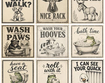 May include: A set of nine square wall art prints featuring vintage-style illustrations of animals with humorous text. Subjects include a puppy, moose, donkey, bear, cow, and frogs, with captions like Did Someone Say Walk, Nice Rack, and Bath Time.