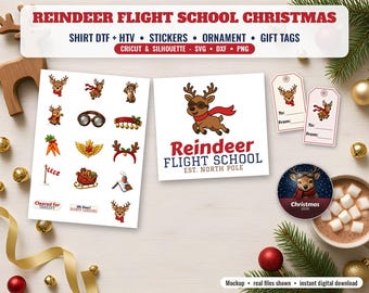 Paquete de archivos SVG navideños de renos, PNG de camisetas de escuelas de vuelo, transferencia DTF, pegatinas para imprimir y cortar, PNG de adornos de renos, etiquetas de regalo, Cricut DXF