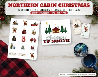 Paquete de archivos SVG navideños para cabañas del norte, camiseta del norte en formato PNG DTF, pegatinas a cuadros para imprimir y cortar, adorno de alce en formato PNG, etiquetas de regalo, Cricut DXF