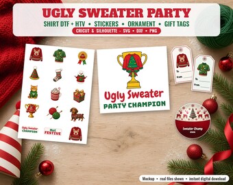 Paquete de archivos SVG de suéteres feos, camiseta Party Champion PNG, transferencia DTF, pegatinas para imprimir y cortar, adorno de punto PNG, etiquetas de regalo, Cricut DXF