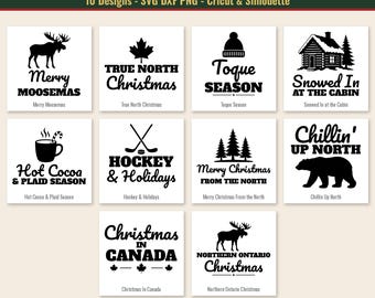 May include: A collection of ten black and white digital graphic designs featuring Canadian-themed Christmas motifs, including a moose, maple leaf, hockey sticks, a cabin, and text phrases like Merry Moosemas and Chillin' Up North.