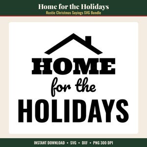 K&ouml;nnte beinhalten: Ein schwarzes Grafikdesign mit einer Hausdachkontur &uuml;ber dem Text HOME in einer fetten Serifenschrift, gefolgt von den W&ouml;rtern for the in einer Schreibschrift und dem Wort HOLIDAYS in einer gro&szlig;en, fetten, schwarzen serifenlosen Schrift.