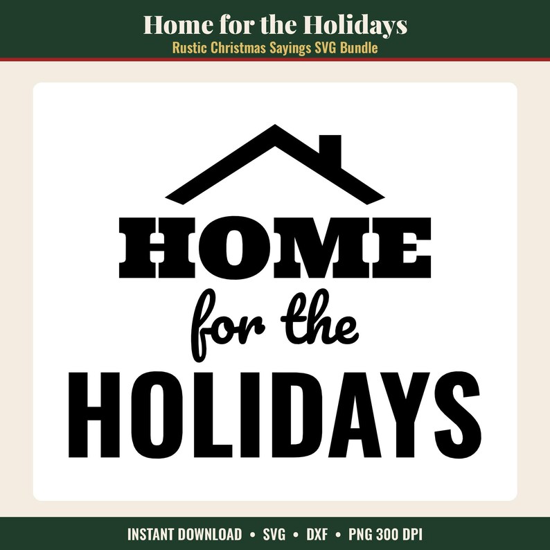 K&ouml;nnte beinhalten: Ein schwarzes Grafikdesign mit einer Hausdachkontur &uuml;ber dem Text HOME in einer fetten Serifenschrift, gefolgt von den W&ouml;rtern for the in einer Schreibschrift und dem Wort HOLIDAYS in einer gro&szlig;en, fetten, schwarzen serifenlosen Schrift.