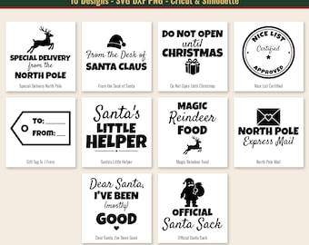 May include: A collection of ten black and white digital graphic designs featuring Christmas themes. Text includes Special Delivery from the North Pole, From the Desk of Santa Claus, Do Not Open Until Christmas, Nice List Certified, Santa's Little Helper, Magic Reindeer Food, North Pole Express Mail, Dear Santa I've Been Good, and Official Santa Sack.