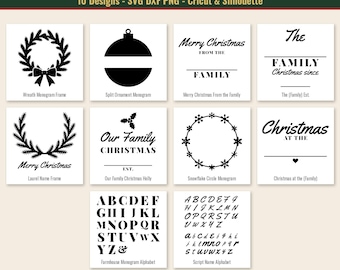 May include: A digital collection of 10 black and white Farmhouse Family Name & Monogram designs including SVG, DXF, and PNG files. The set features various holiday-themed frames, ornaments, wreaths, and two complete alphabets for crafting.