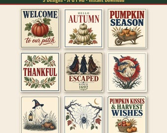 May include: A collection of nine square digital signs featuring fall and Halloween themes, including pumpkins, a ghost, a spider web, bats, and witches. Text includes Welcome to our patch, Hello Autumn, Pumpkin Season, Thankful, Escaped since 1692, and Pumpkin Kisses & Harvest Wishes.