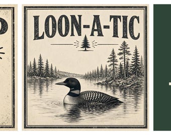 May include: Three square graphic prints. The first features a surprised sheep with the text SHEEP happens. The second shows a loon on a lake with the text LOON-A-TIC. The third is dark green with three pine trees, the text respect THE LOCALS, and paw prints.