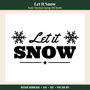 K&ouml;nnte beinhalten: Ein schwarzes Grafikdesign mit dem Text Let it SNOW in einer Kombination aus Schreibschrift und fetten Serifenschriften. Das Design enth&auml;lt zwei symmetrische Schneeflocken auf beiden Seiten des Textes und eine horizontale Linie mit einem Stern.