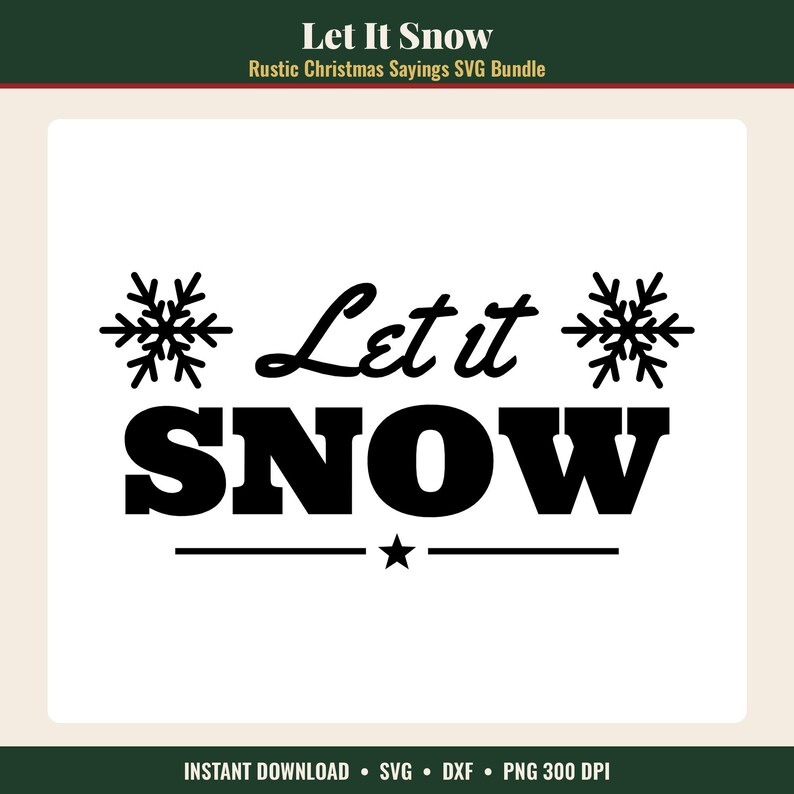 K&ouml;nnte beinhalten: Ein schwarzes Grafikdesign mit dem Text Let it SNOW in einer Kombination aus Schreibschrift und fetten Serifenschriften. Das Design enth&auml;lt zwei symmetrische Schneeflocken auf beiden Seiten des Textes und eine horizontale Linie mit einem Stern.