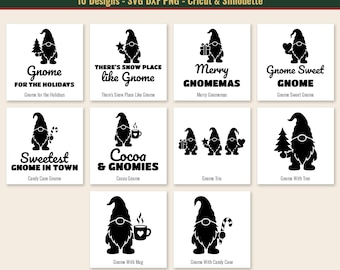 May include: A digital collection of 10 black and white Christmas gnome designs in SVG, DXF, and PNG formats. Each square graphic features a gnome with holiday-themed items like trees, gifts, candy canes, and mugs, accompanied by text phrases.