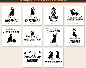 May include: A digital collection of ten black and white Christmas-themed pet designs featuring dogs, cats, paw prints, and holiday text such as Merry Woofmas, Meowy Christmas, Santa Paws, and Dachshund Through the Snow for use with cutting machines.