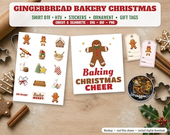 Paquete de archivos SVG de Navidad con temática de pan de jengibre, imágenes PNG para camisetas de repostería (DTF), pegatinas de pan de jengibre para imprimir y cortar, imágenes PNG para adornos de sublimación, etiquetas de regalo, archivos DXF para Cricut.