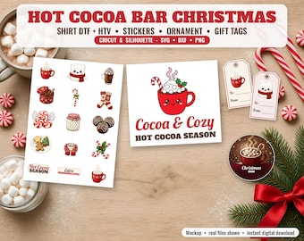 Paquete de archivos SVG navideños de chocolate caliente, imágenes PNG de chocolate caliente y camiseta acogedora, transferencia DTF, pegatinas para imprimir y cortar, imágenes PNG de adornos de chocolate caliente, etiquetas de regalo, Cricut DXF