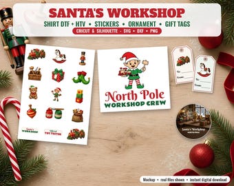 Paquete de archivos SVG del taller de Santa Claus, PNG de la camiseta del equipo de elfos, transferencia DTF, pegatinas para imprimir y cortar, PNG de adorno de juguete, etiquetas de regalo, Cricut DXF